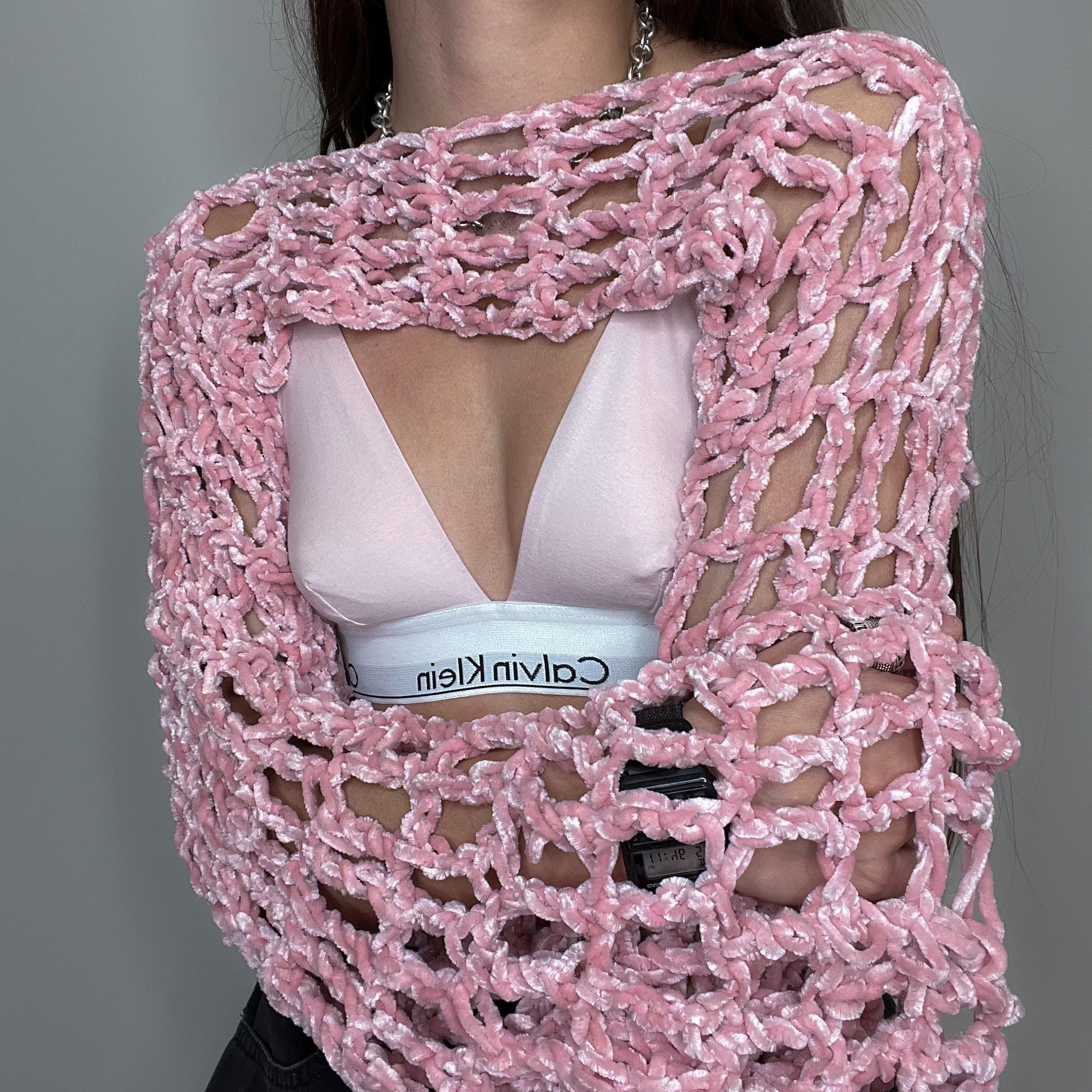 Pink Velvet Crocheted Shrug