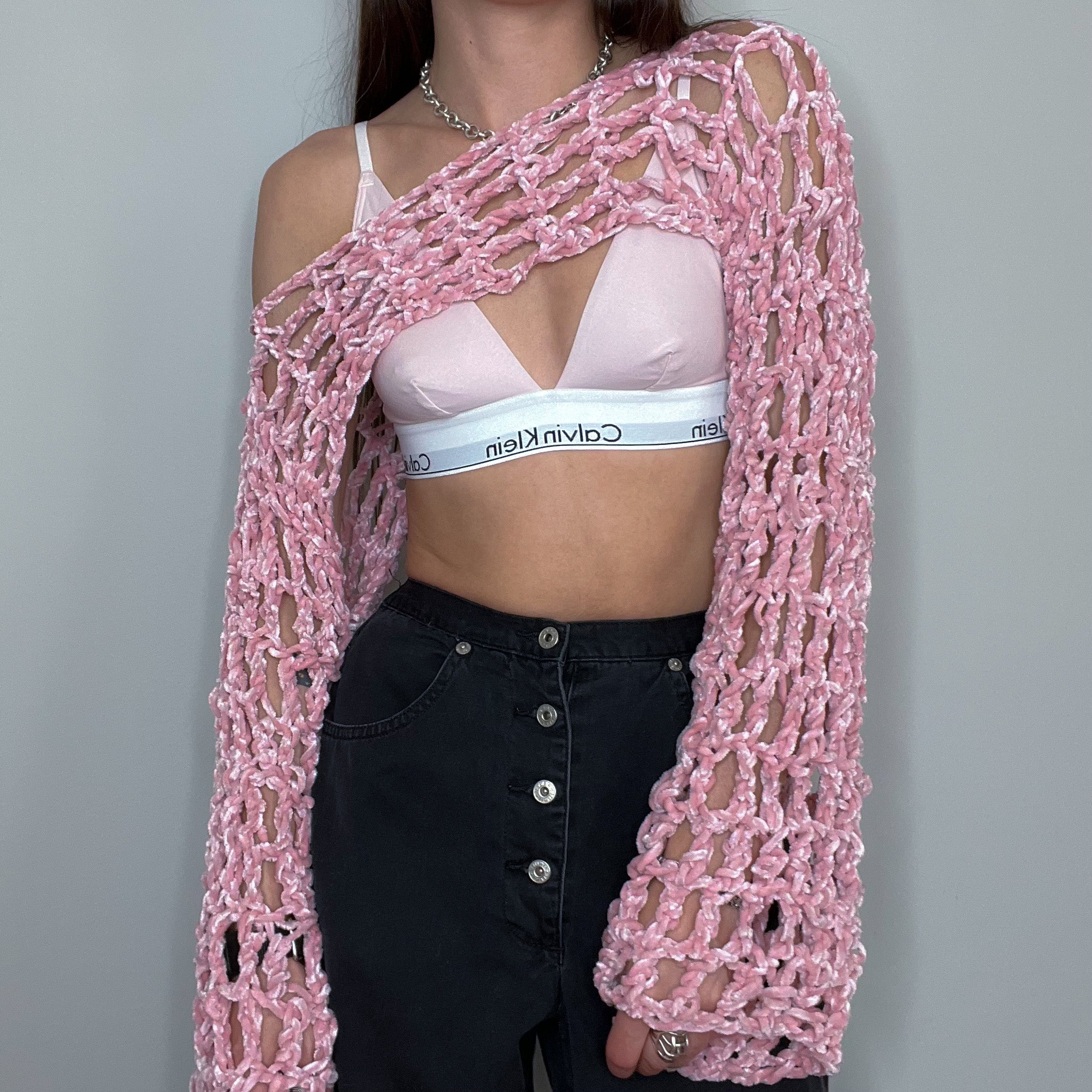 Pink Velvet Crocheted Shrug