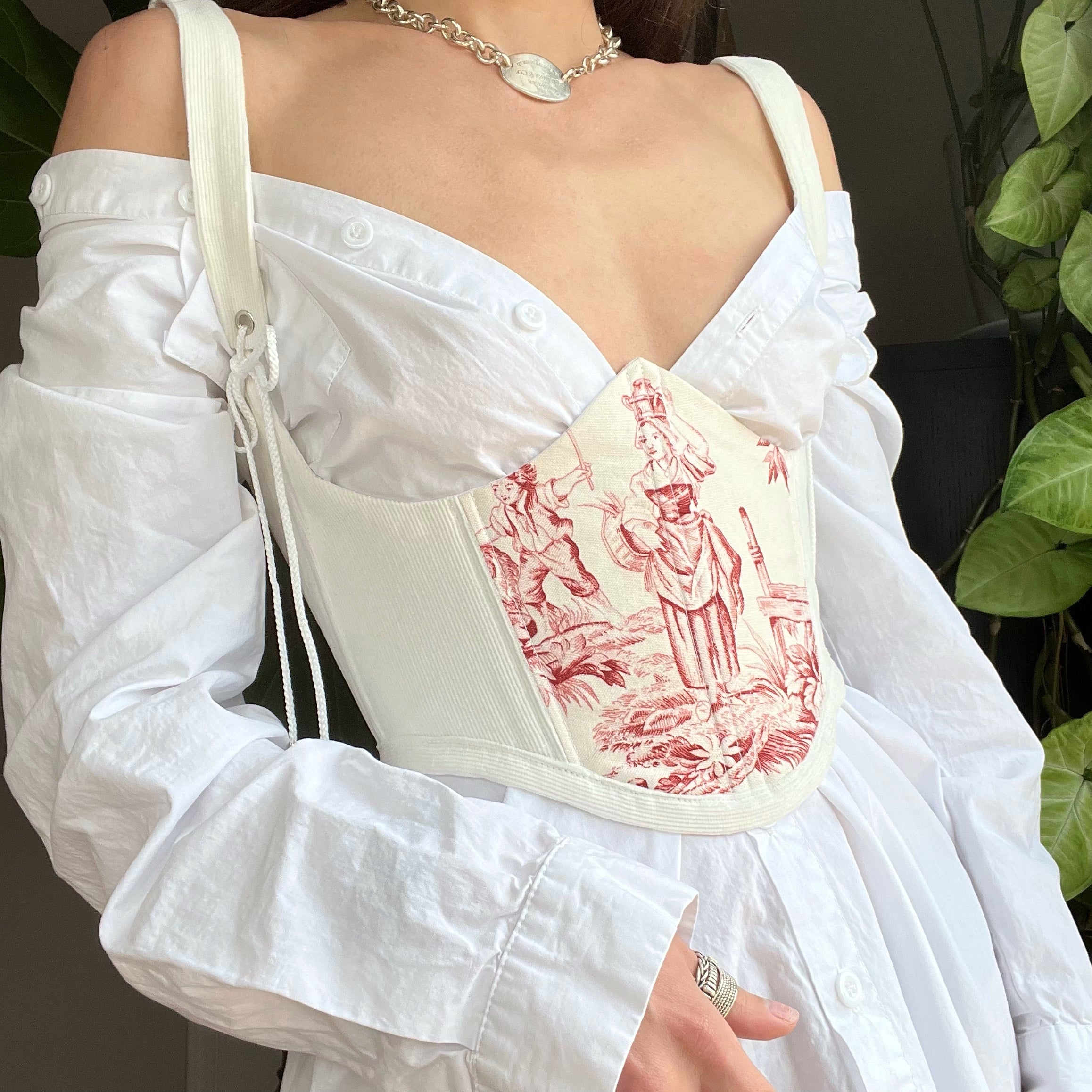 White And Red Toile Under Bust Corset