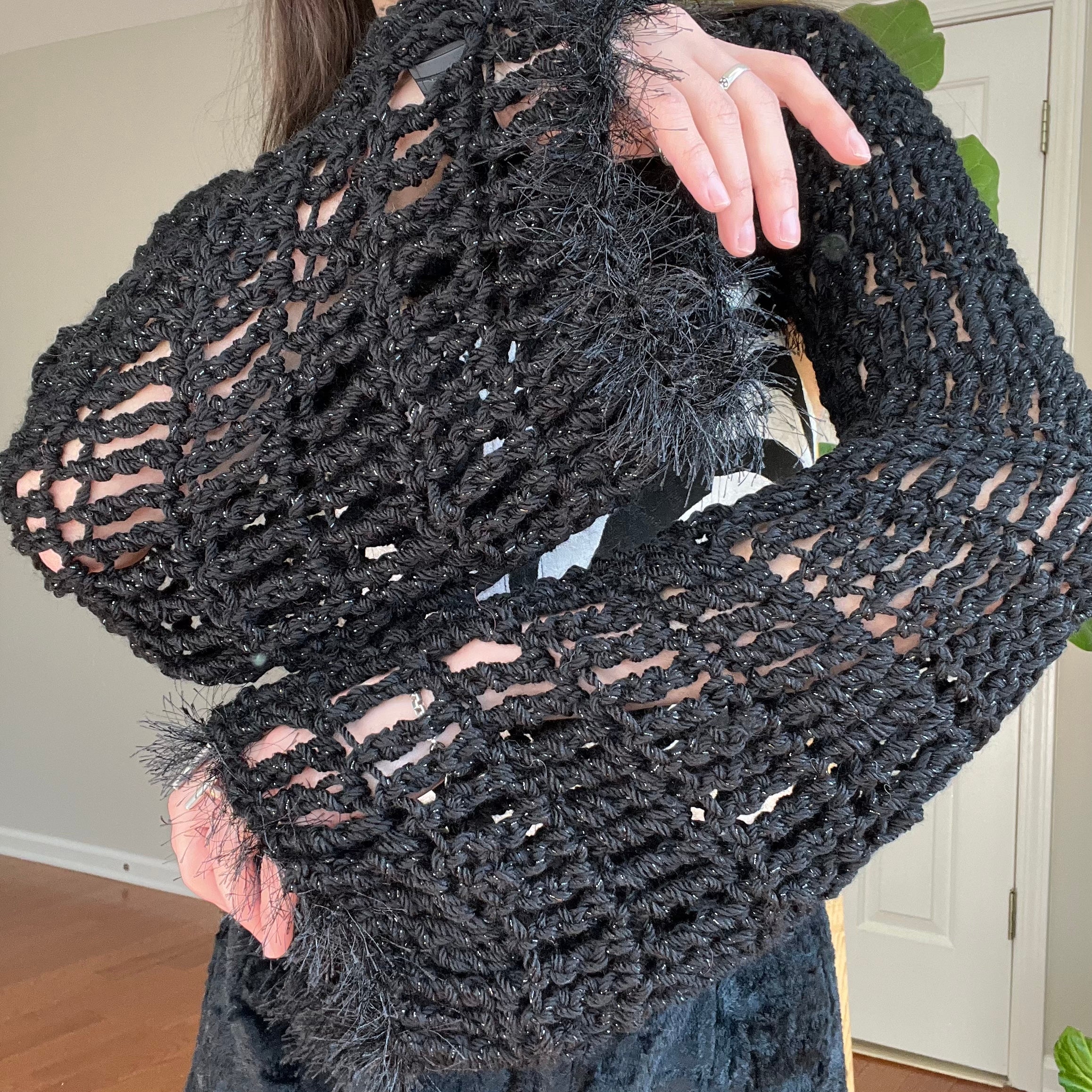 Black Bell Sleeve Crocheted Shrug Bolero